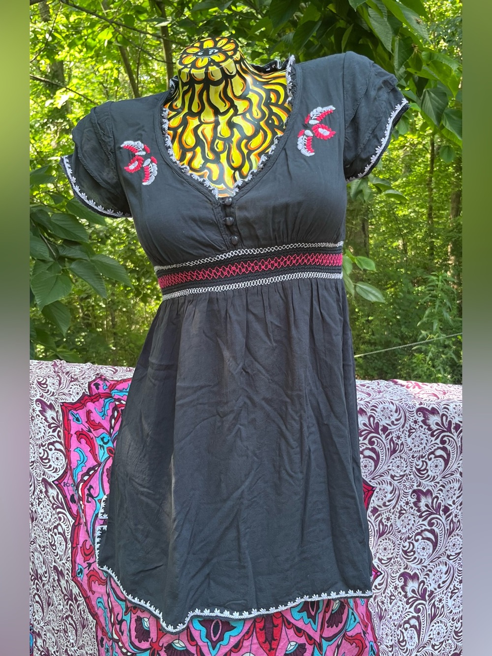 Moon Collection Black Tunic with Pink and White Embroidery